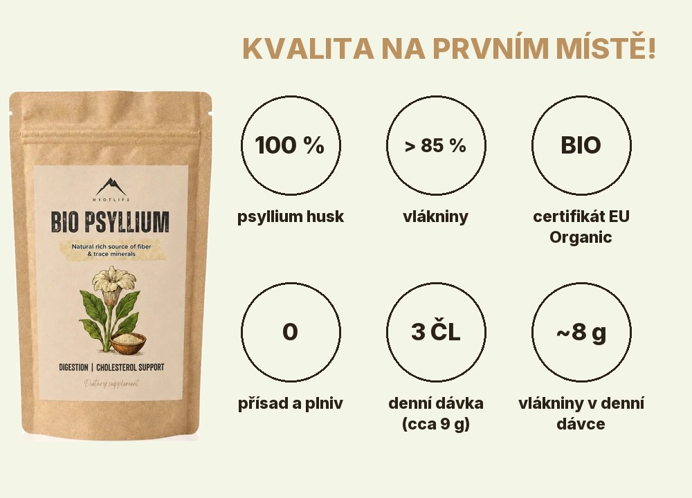 BIO Psyllium Hrotlife: 100 % psyllium husk, více než 85 % vlákniny, certifikát EU Organic, bez přísad a plniv, 3 čajové lžičky denně, přibližně 8 g vlákniny v denní dávce