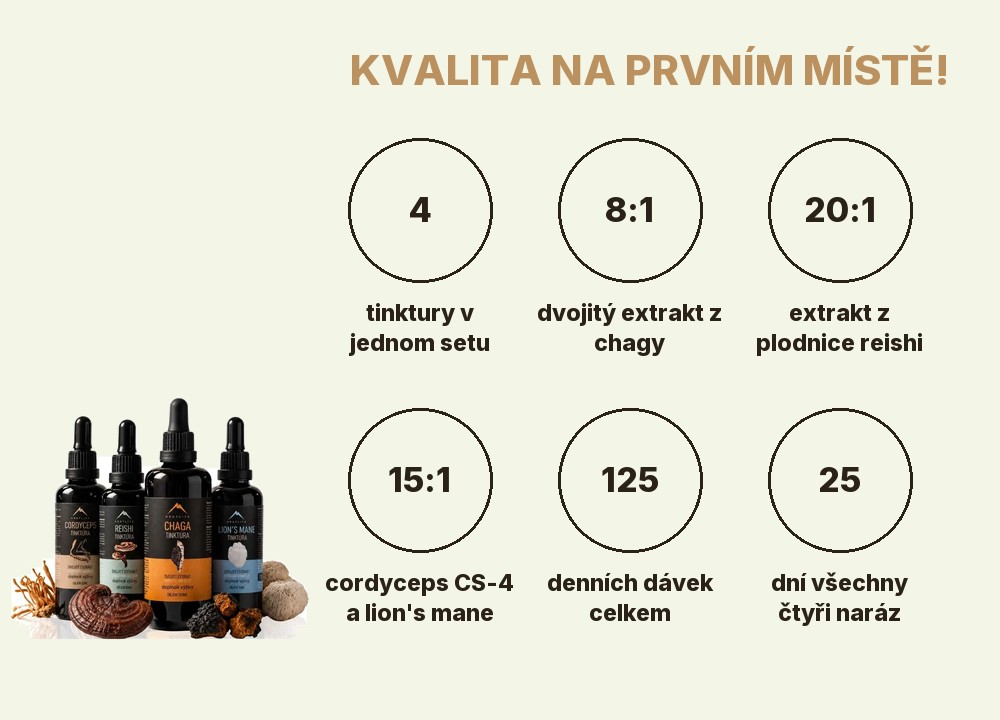 Starter pack tinktury Hrotlife: 4 tinktury, chaga 8:1, reishi 20:1, cordyceps CS-4 a lion's mane 15:1, 125 denních dávek, 25 dní