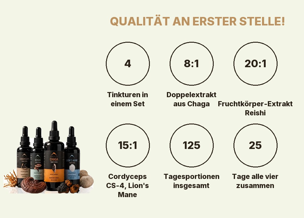 Starter pack Tinkturen Hrotlife: 4 Tinkturen, Chaga 8:1, Reishi 20:1, Cordyceps CS-4 und Lion's Mane 15:1, 125 Tagesportionen, 25 Tage