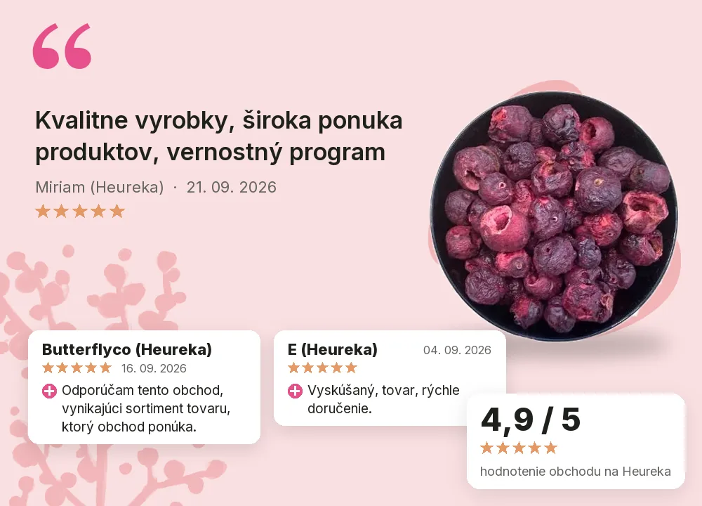 Višne celé lyofilizované Emerosa, hodnotenie obchodu na Heureke Višne celé lyofilizované Emerosa, hodnotenie obchodu na Heureke 4,9 z 5