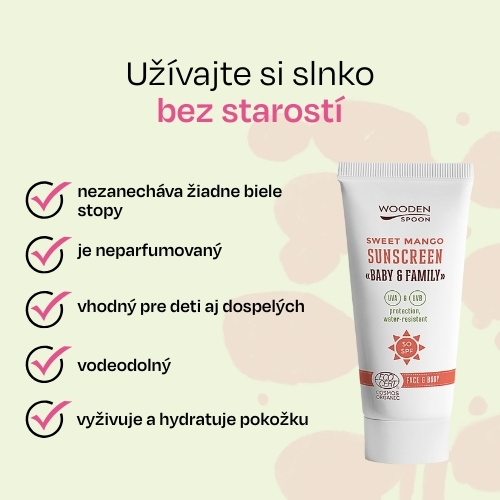 Minerálny opaľovací krém na telo a tvár Mango Baby & Family SPF50 Wooden Spoon mini 10ml vzorka