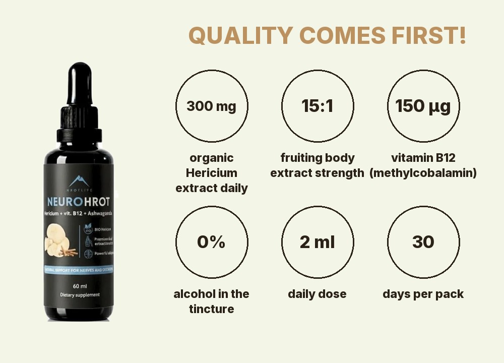 NeuroHrot tincture Hrotlife: 300 mg of organic Hericium extract 15:1, 150 µg of vitamin B12, alcohol-free, 2 ml daily, 30 days