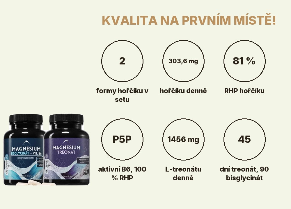 DUO Magnézium Hrotlife: 2 formy hořčíku, 303,6 mg hořčíku denně, 81 % RHP, B6 jako P5P, 1456 mg L-treonátu, 45 a 90 dní