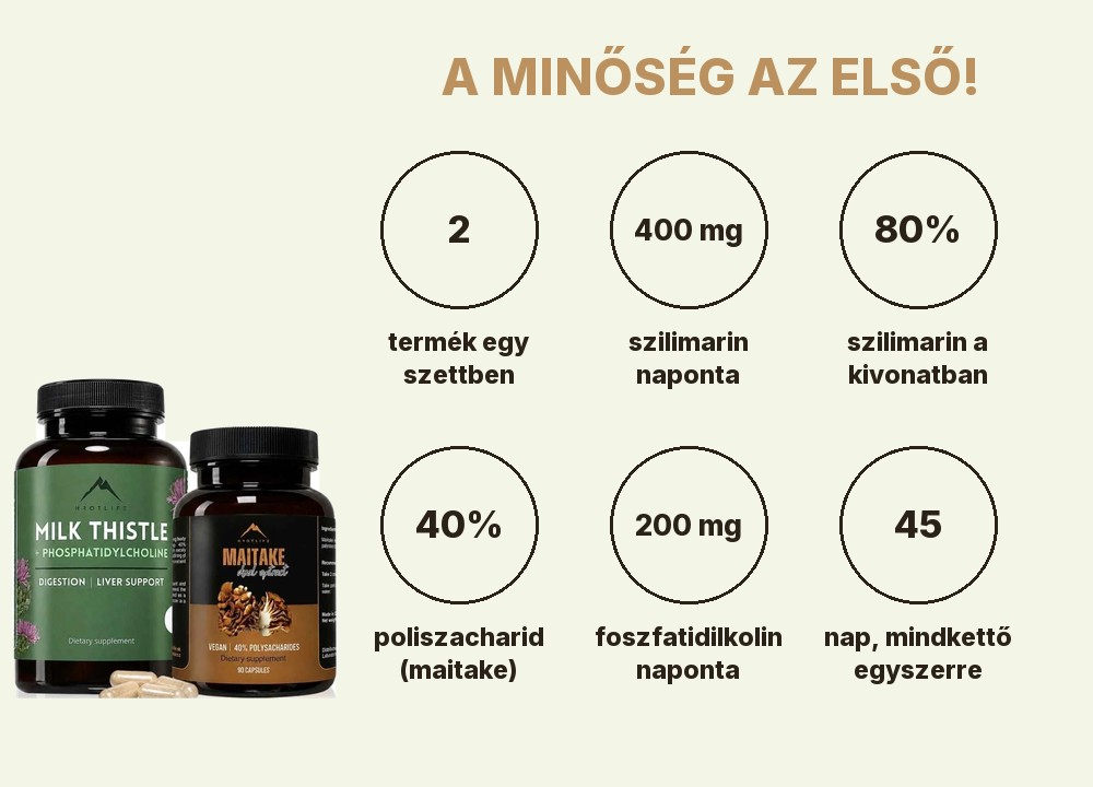 Hrotlife Májtámogatás: 2 termék, naponta 400 mg szilimarin, 80% szilimarin a kivonatban, 40% poliszacharid a maitakéban, 200 mg foszfatidilkolin, 45 nap