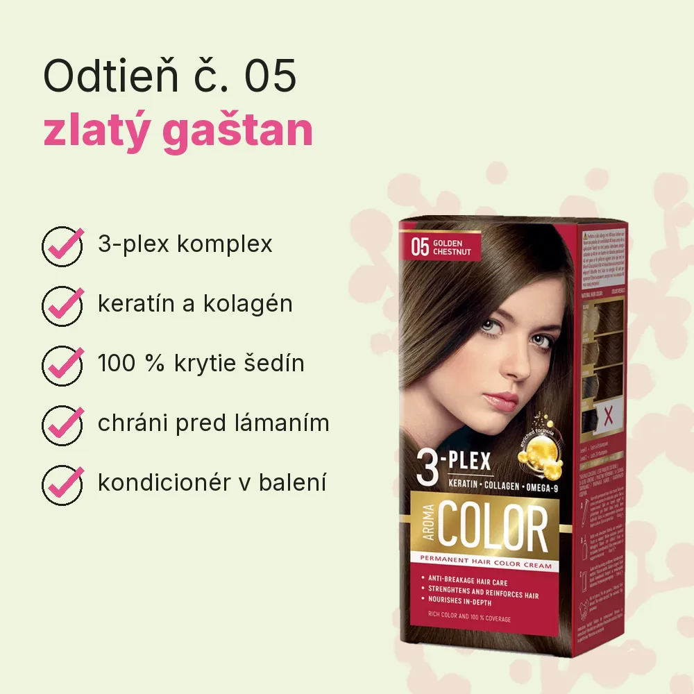 Farba na vlasy zlatý gaštan č. 05 Aroma Color, výhody: 3-plex komplex, keratín a kolagén, 100 % krytie šedín, chráni pred lámaním, kondicionér v balení
