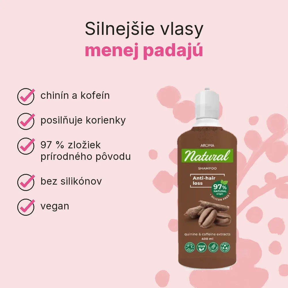 Šampón proti vypadávaniu vlasov Chinín a kofeín Aroma 400 ml, výhody: chinín a kofeín, posilňuje korienky, 97 % zložiek prírodného pôvodu, bez silikónov, vegan