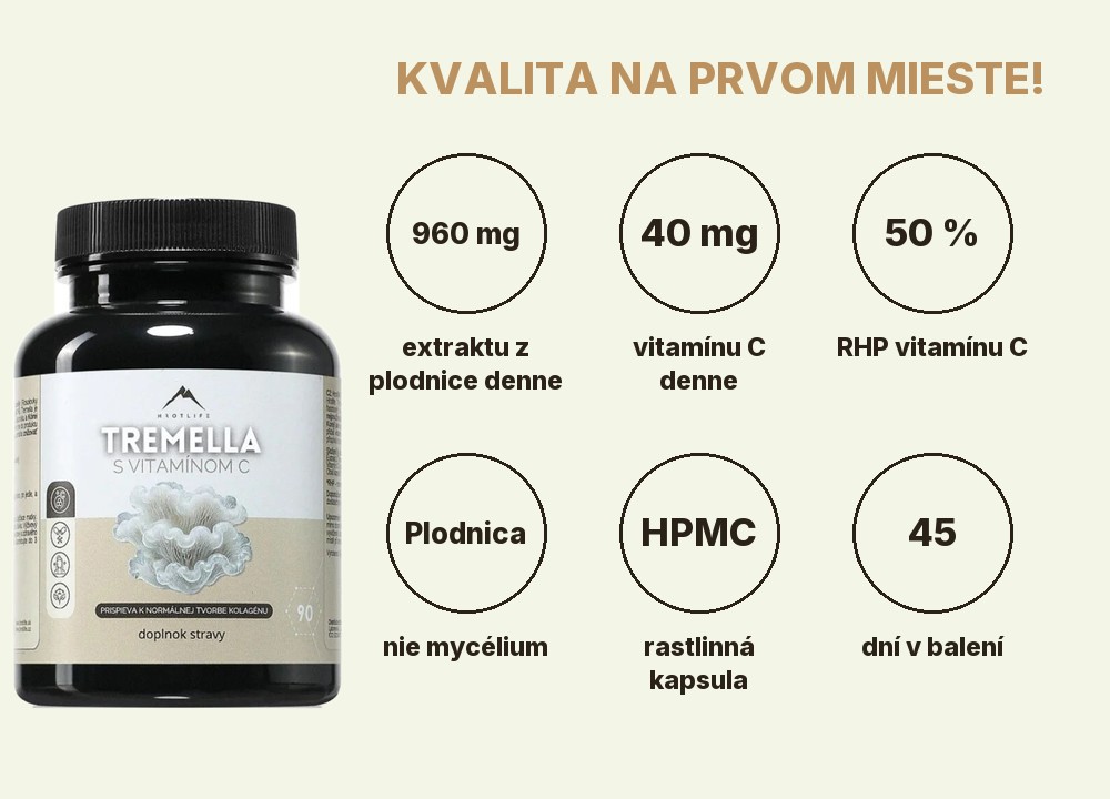 Tremella s vitamínom C Hrotlife: 960 mg extraktu z plodnice denne, 40 mg vitamínu C, 50 % RHP, extrakt z plodnice, rastlinná kapsula, 45 dní
