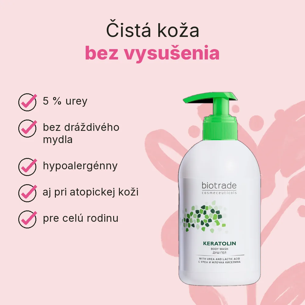 Sprchový gél na suchú pokožku Keratolin Biotrade 400ml, výhody: 5 % urey, bez dráždivého mydla, hypoalergénny, pre celú rodinu