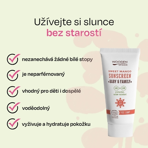 Minerální opalovací krém na tělo a obličej Mango Baby & Family SPF50 Wooden Spoon mini 10ml vzorek