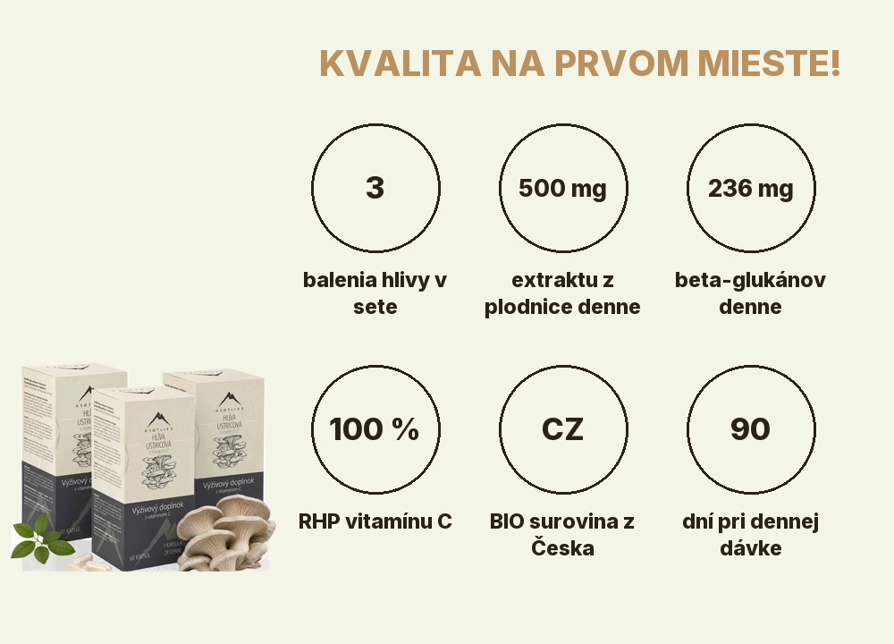 Imunita pre deti Hrotlife: 3 balenia hlivy, 500 mg extraktu z plodnice, 236 mg beta-glukánov, 100 % RHP vitamínu C, BIO surovina z Česka, 90 dní