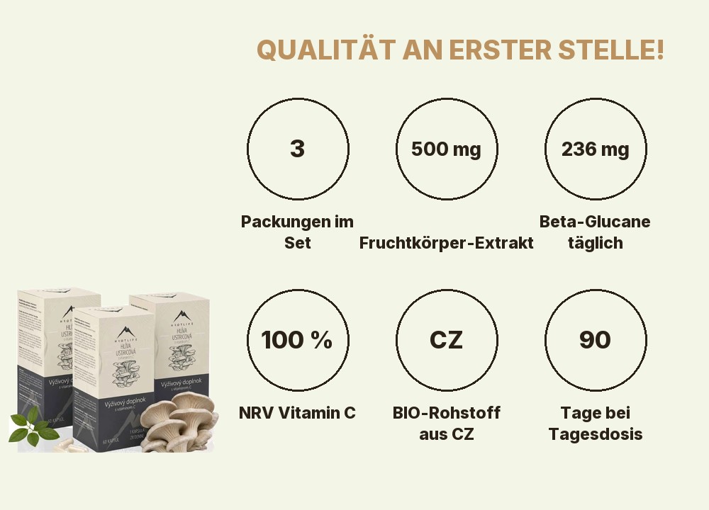 Immunsystem für Kinder Hrotlife: 3 Packungen Austernpilz, 500 mg Fruchtkörper-Extrakt, 236 mg Beta-Glucane, 100 % NRV Vitamin C, BIO-Rohstoff aus Tschechien, 90 Tage