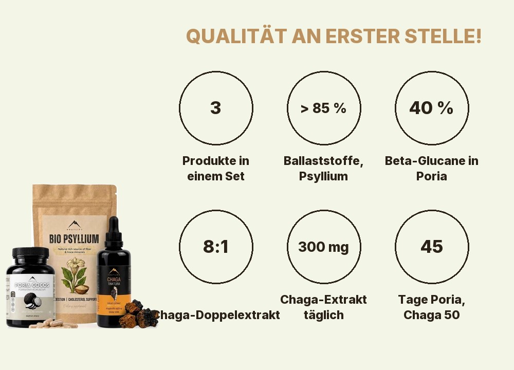 Darmunterstützung Hrotlife: 3 Produkte, mehr als 85 % Ballaststoffe im Psyllium, 40 % Beta-Glucane in Poria, Chaga 8:1, 300 mg Chaga-Extrakt täglich, Poria für 45 Tage