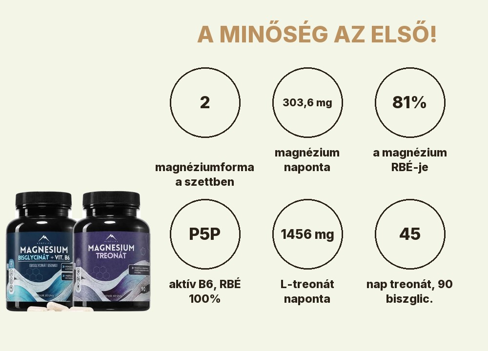 Hrotlife DUO Magnézium: a magnézium 2 formája, naponta 303,6 mg magnézium, az RBÉ 81%-a, B6 P5P formában, 1456 mg L-treonát, 45 és 90 nap