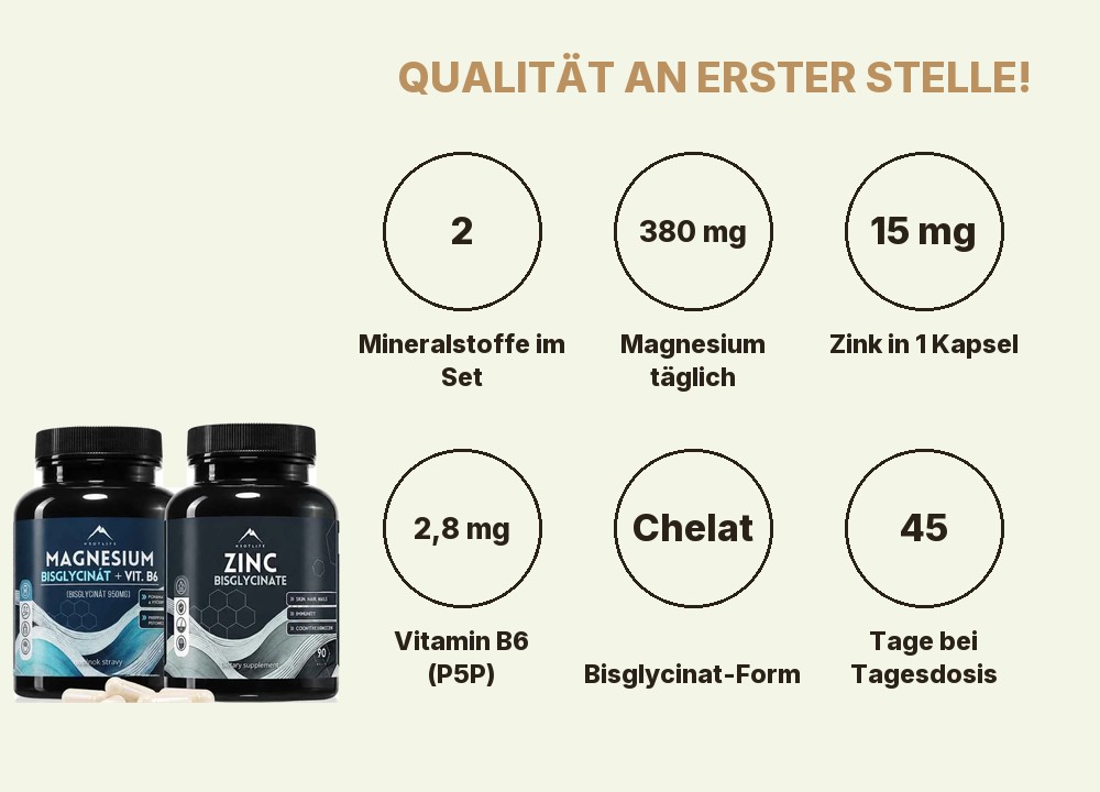 Mineralische Basis Hrotlife: 2 Mineralstoffe, 380 mg Magnesium täglich, 15 mg Zink in 1 Kapsel, 2,8 mg Vitamin B6 (P5P), Chelatform, 45 Tage