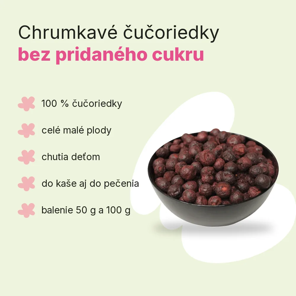 Čučoriedky lyofilizované celé Emerosa, výhody: 100 % čučoriedky, celé malé plody, chutia deťom, do kaše aj do pečenia, balenie 50 g a 100 g