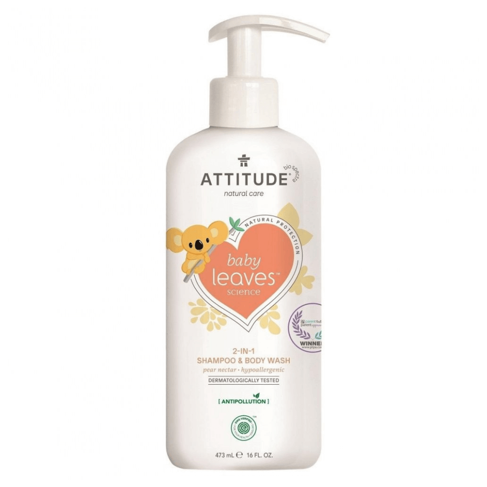 E-shop Baby leaves Detské telové mydlo a šampón (2v1) s vôňou Hruškovej šťavy Attitude 473ml
