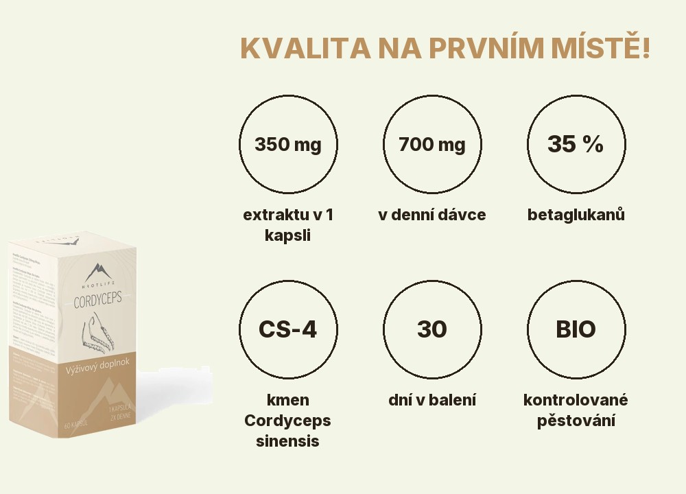 Cordyceps Hrotlife: 350 mg extraktu CS-4 v kapsli, 700 mg v denní dávce, 35 % betaglukanů, 30 dní v balení, BIO