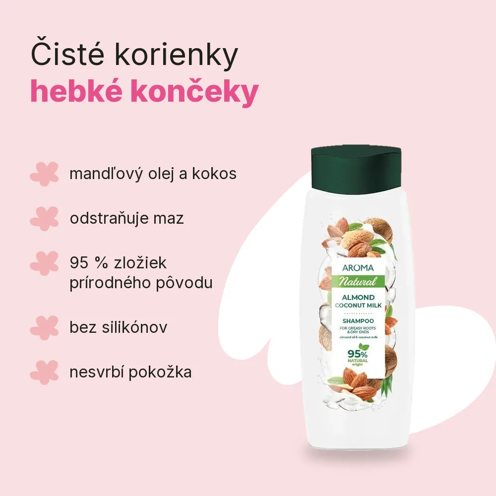 Šampón na mastné korienky a suché konce vlasov Mandľa a kokosové mlieko Aroma 400 ml, výhody: mandľový olej a kokos, odstraňuje maz, 95 % zložiek prírodného pôvodu, bez silikónov, nesvrbí pokožka