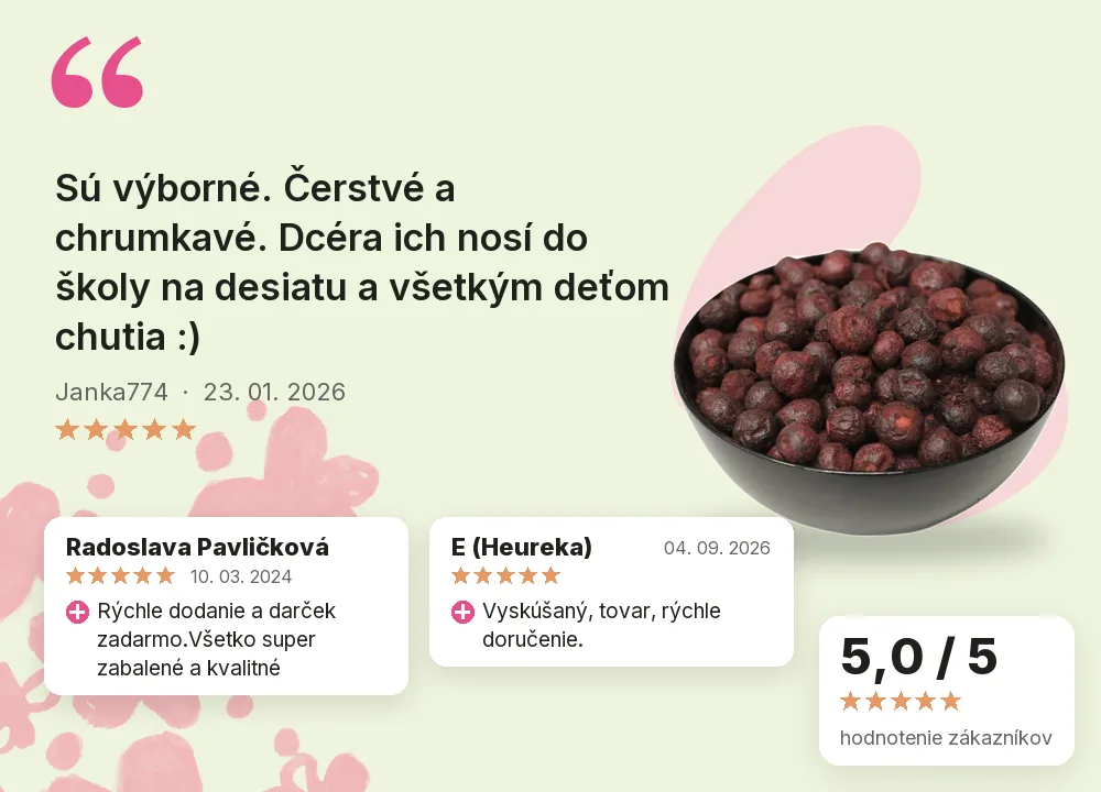 Čučoriedky lyofilizované celé Emerosa, hodnotenie zákazníkov 5,0 z 5