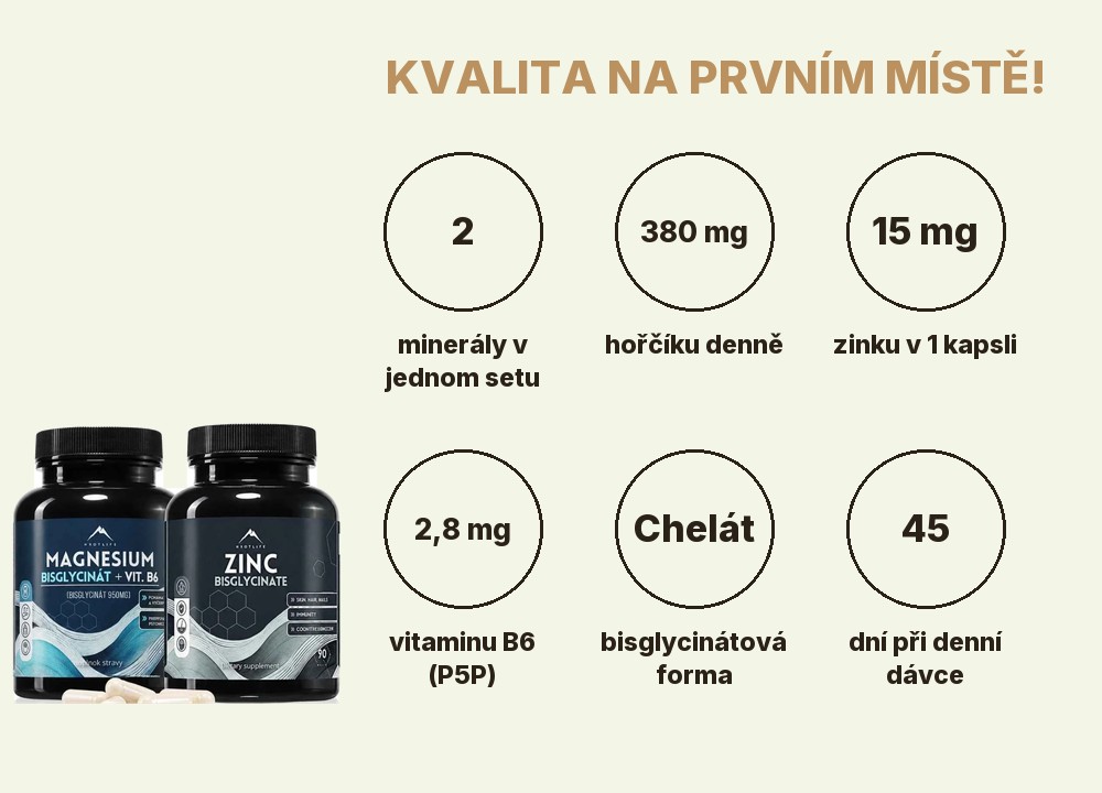 Minerální základ Hrotlife: 2 minerály, 380 mg hořčíku denně, 15 mg zinku v 1 kapsli, 2,8 mg vitaminu B6 (P5P), chelátová forma, 45 dní