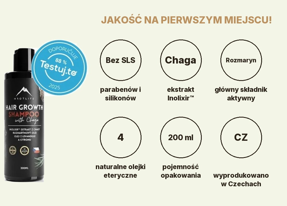 Szampon z ekstraktem z chagi Hrotlife: bez SLS, ekstrakt z Chagi Inolixir, rozmaryn, 4 olejki eteryczne, 200 ml, wyprodukowano w Czechach